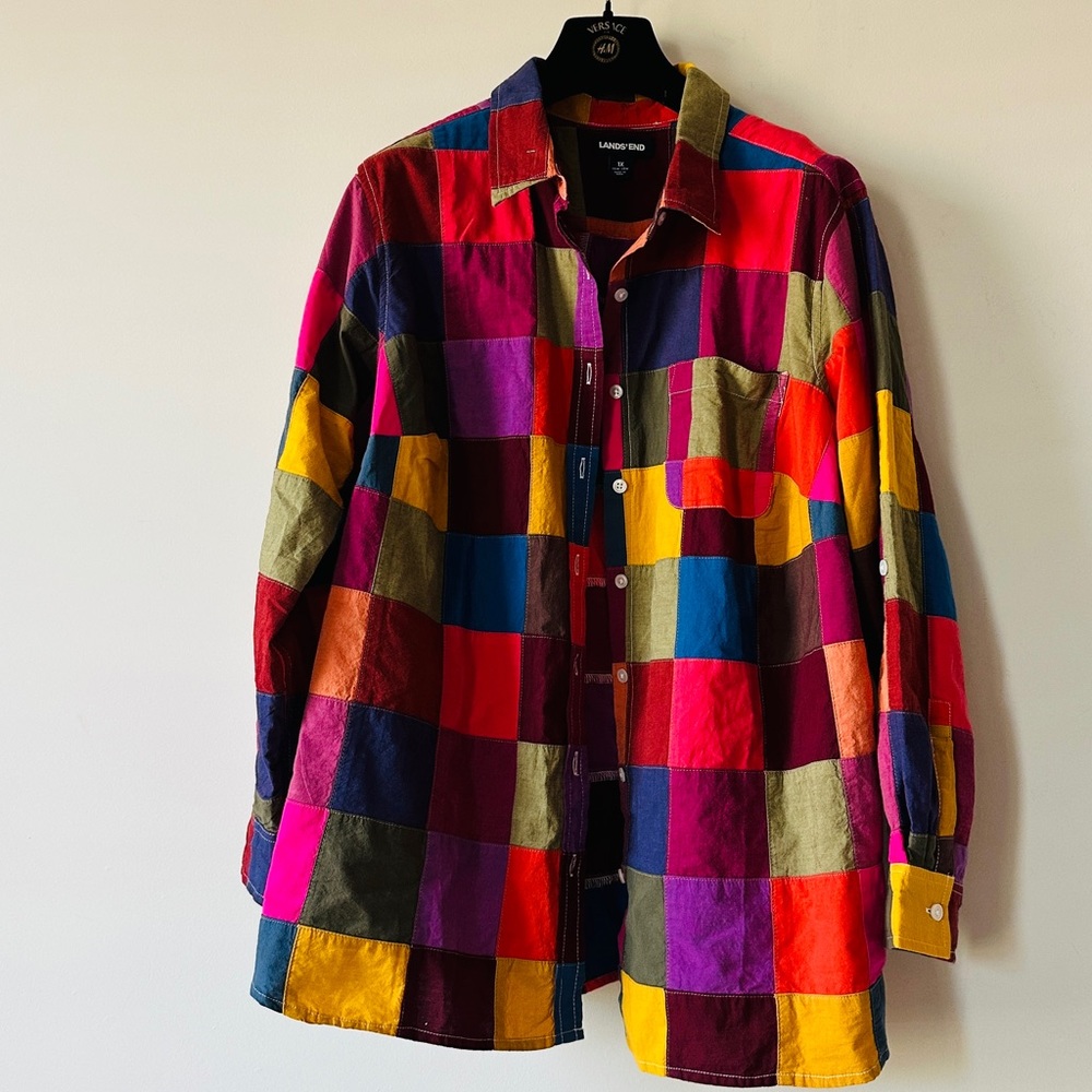 Lands'end Colorful Patchwork Button Down Shirt 10… - image 2